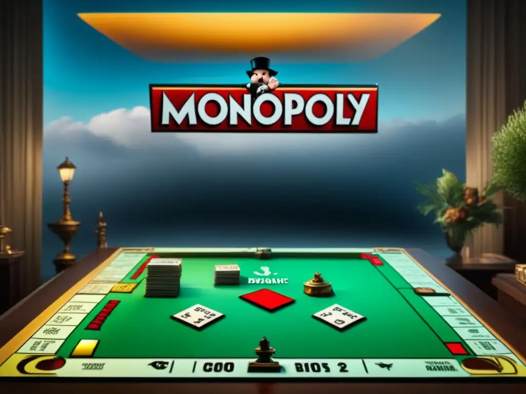 Escena detrás de cámaras de la adaptación cinematográfica del Monopoly con actores y piezas de juego gigantes en set detallado y vintage