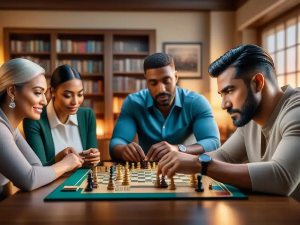 Diplomacia cultural en juegos de mesa: Grupo diverso concentrado y camaradería en partida estratégica en acogedora sala iluminada