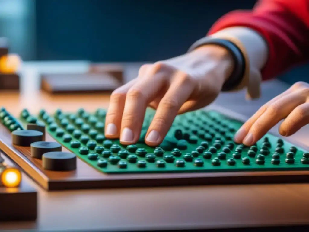 Diseñador de juegos con discapacidades visuales esculpe tablero táctil con Braille en ambiente de trabajo concentrado