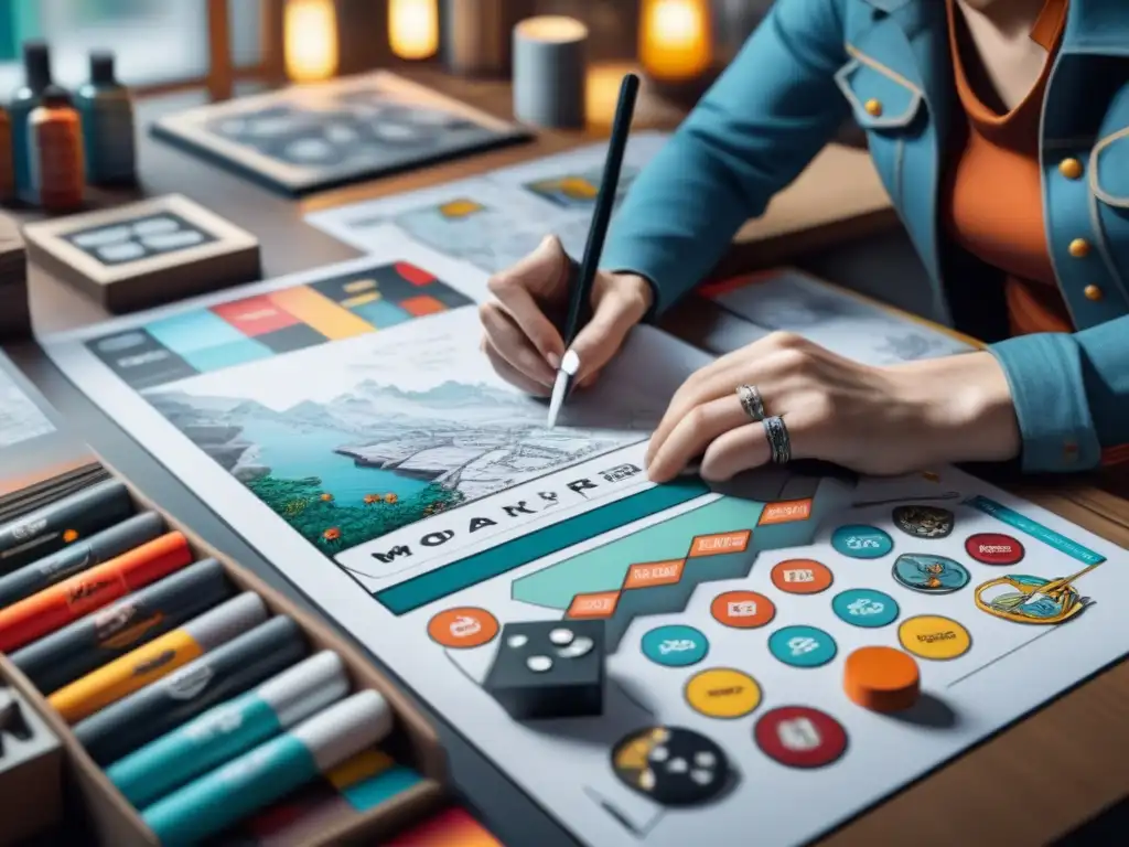 Artista gráfico crea conceptos detallados para juego de mesa Un diseñador gráfico inmerso en el proceso de diseño visual de juegos de mesa, rodeado de herramientas artísticas y tecnología