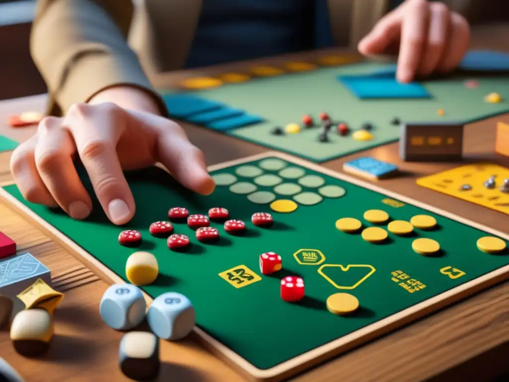 Diseñador de juegos de mesa concentrado en su trabajo rodeado de piezas y bocetos en una mesa de madera