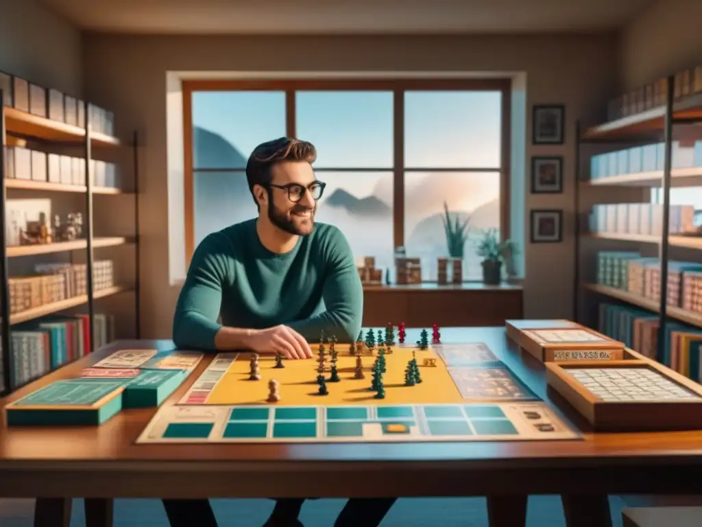 Arte y pasión: diseñador de juegos de mesa crea su obra maestra Un diseñador de juegos de mesa inmerso en su creación rodeado de prototipos y juegos, reflejando el impacto de Twitch en juegos de mesa