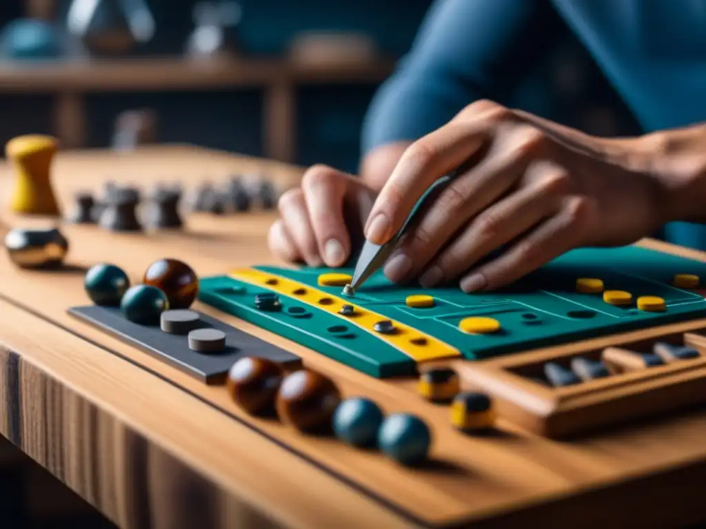 Un diseñador de juegos de mesa crea piezas con pasión y precisión en un banco de trabajo de madera