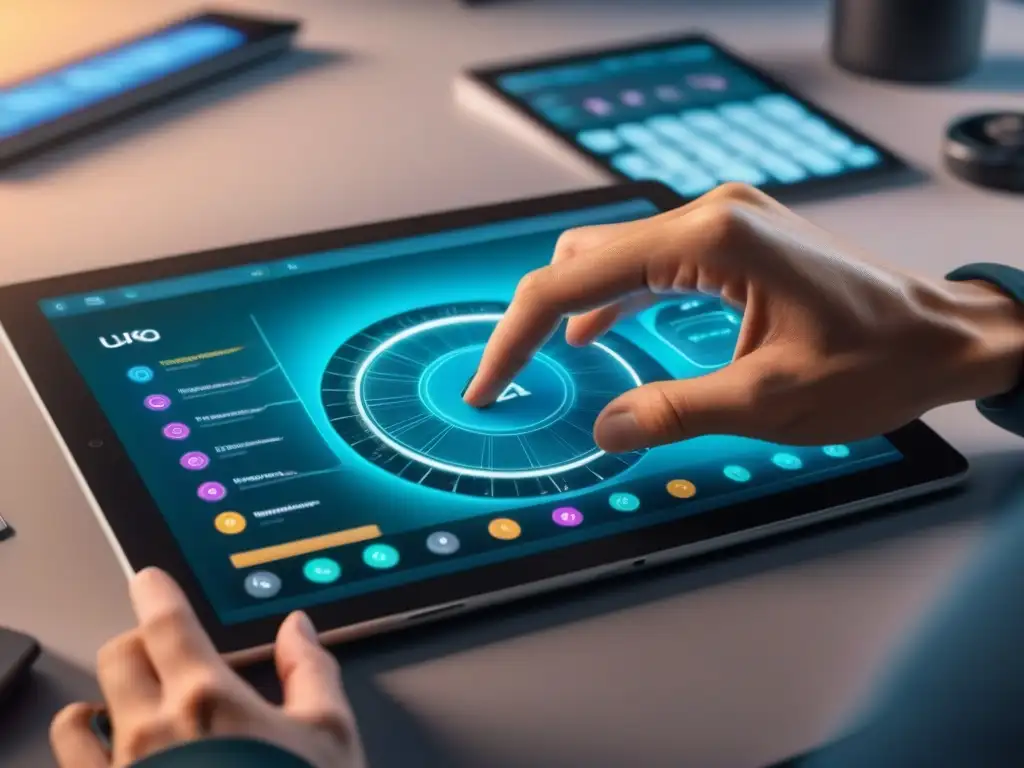 Un diseñador de UX/UI crea con precisión una interfaz de juego en una tableta digital