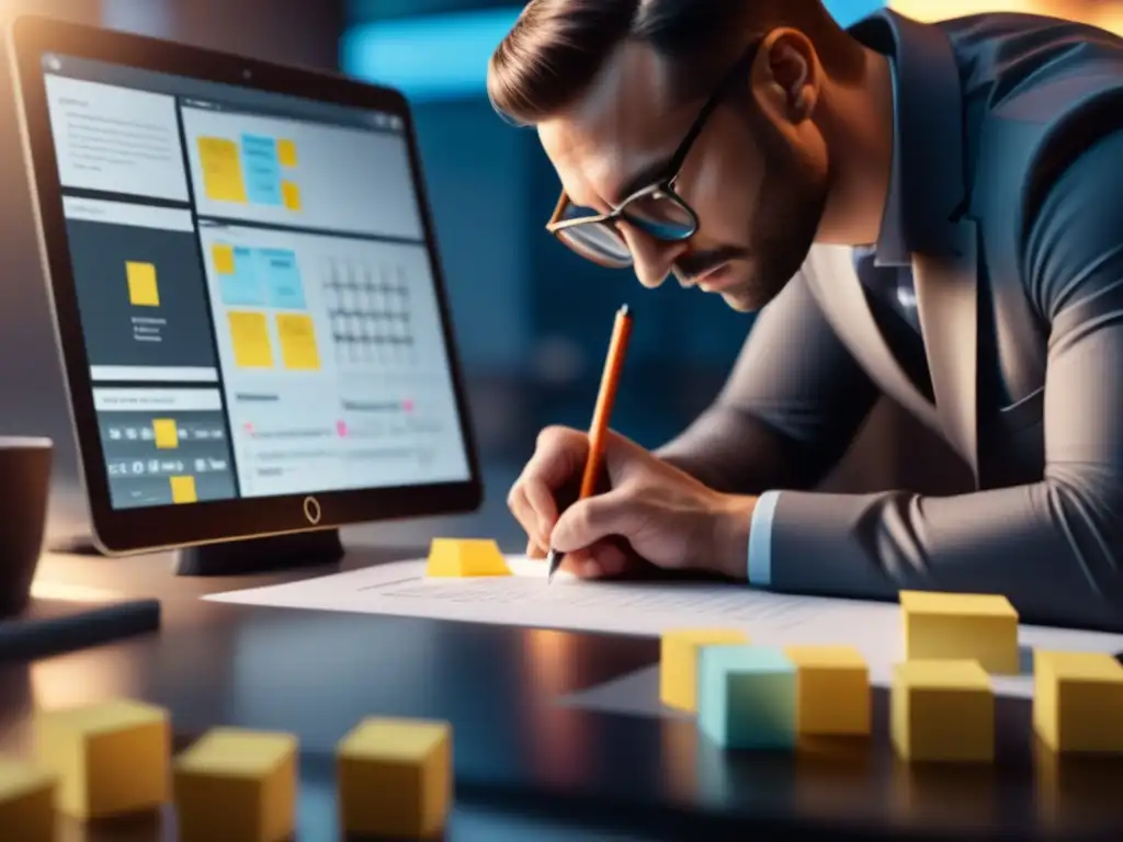 Un diseñador UX crea wireframes en tablet rodeado de notas, en oficina moderna