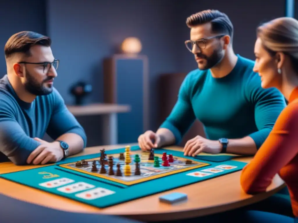 Diseñadores de juegos de mesa discuten intensamente diseños de empaques en un ambiente creativo y vibrante