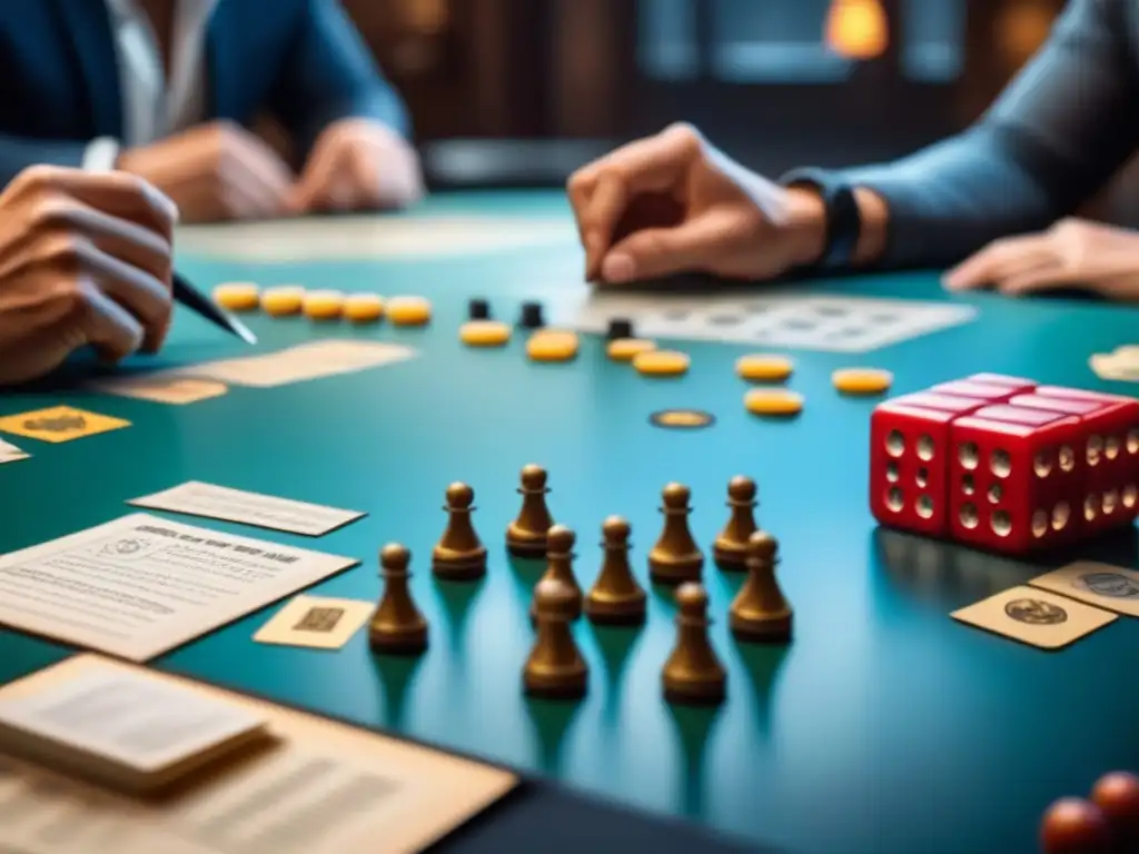 Diseñadores de juegos de mesa discutiendo intensamente sobre la importancia de mecánicas narrativas