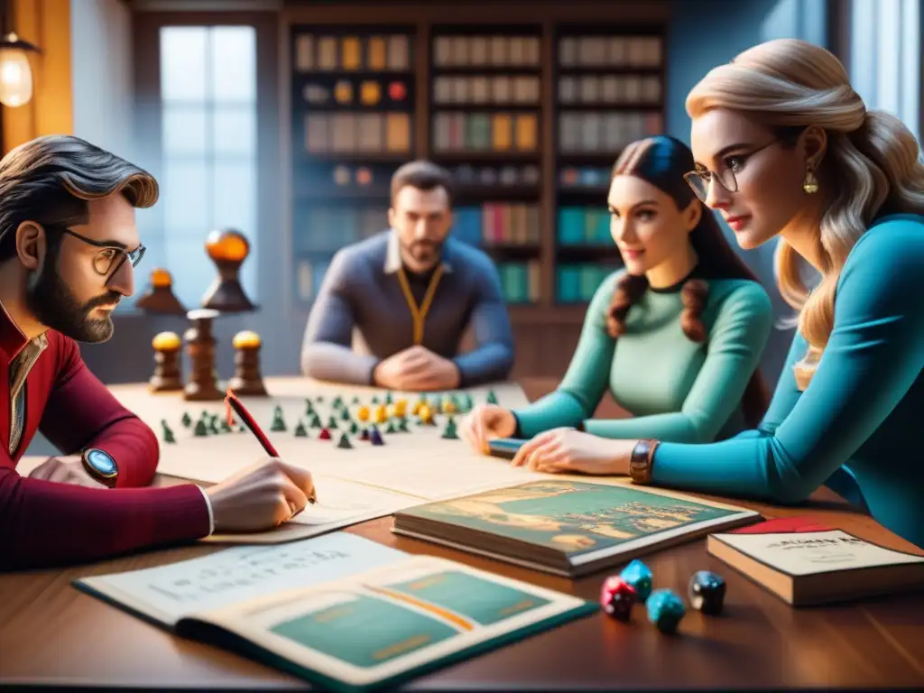 Diseñadores de juegos de mesa colaborando en una mesa llena de bocetos y piezas de juego, inmersos en su creatividad