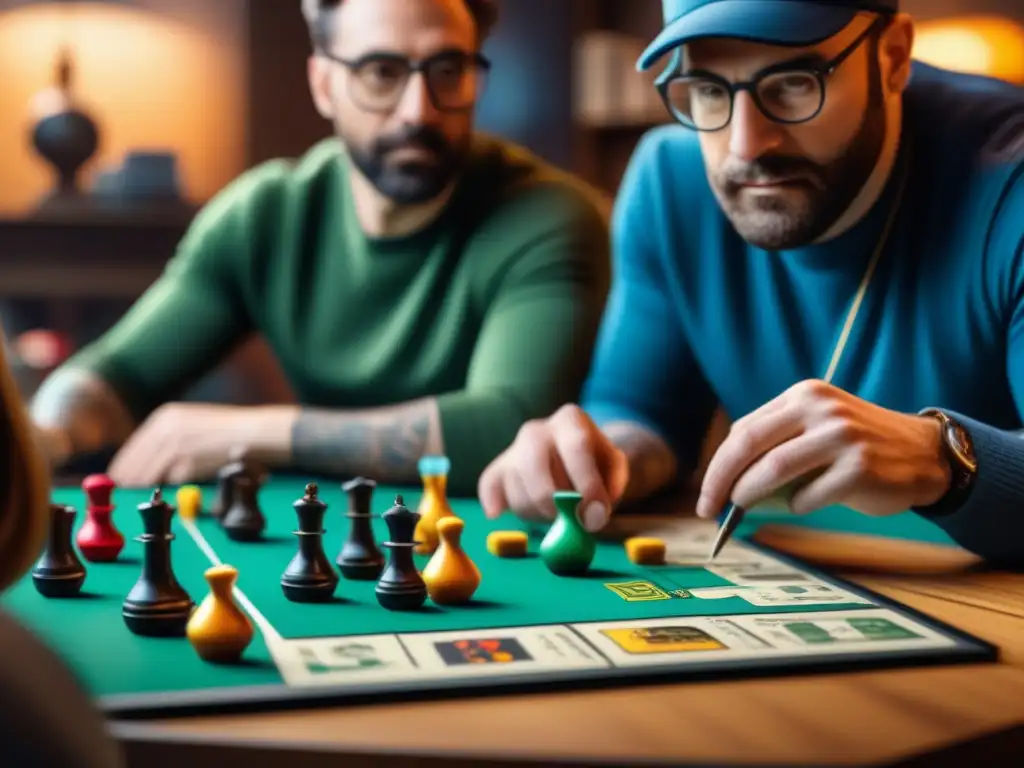 Diseñadores de juegos de mesa en plena colaboración, expresando creatividad e innovación en sus prototipos detallados