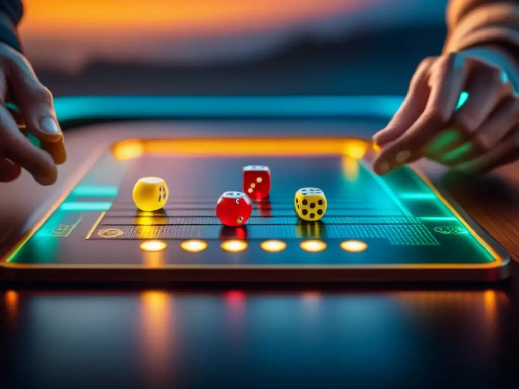 Diseño de juegos de mesa iluminado con LED, piezas detalladas y expresiones concentradas de los jugadores en un ambiente cautivador