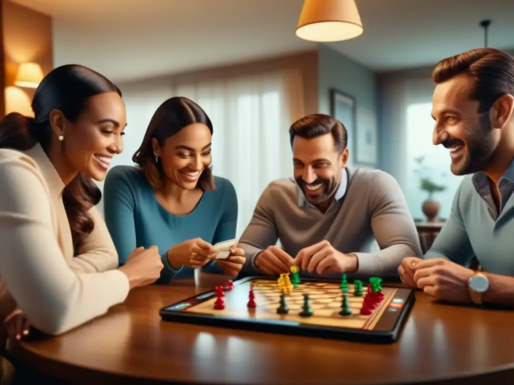 Diversa familia juega feliz con apps de juegos de mesa en cálida reunión familiar