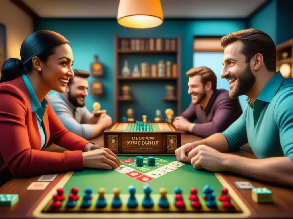 Diversidad y alegría en liga de juegos de mesa, celebrando triunfos con camaradería y emoción