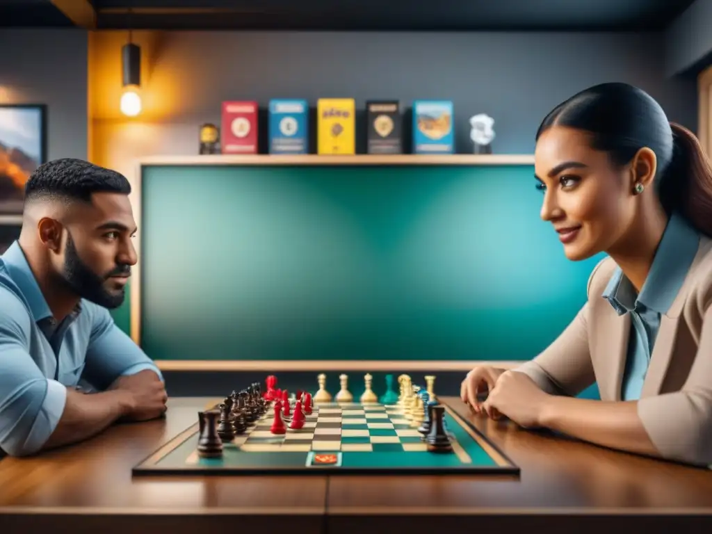 Diversidad y camaradería en una partida intensa de juegos de mesa en un café, con beneficios económicos juegos de mesa