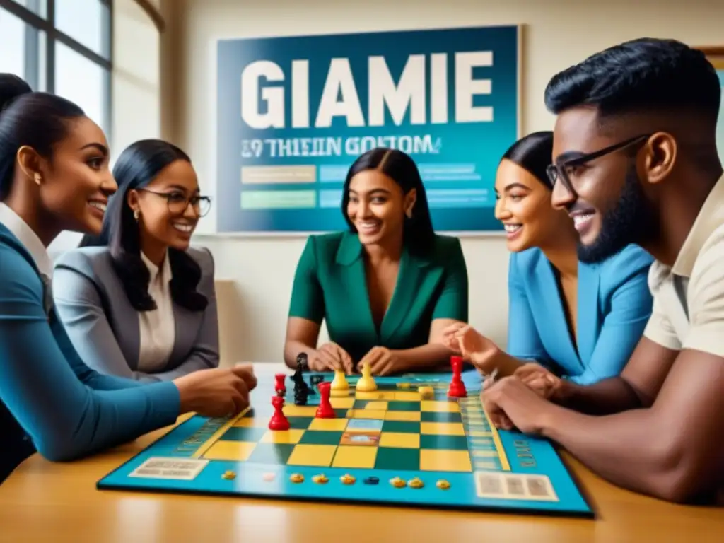Estudiantes universitarios juegan y aprenden juntos en aula moderna Diversidad y colaboración en educación superior: Estudiantes juegan y discuten en aula con juegos de mesa