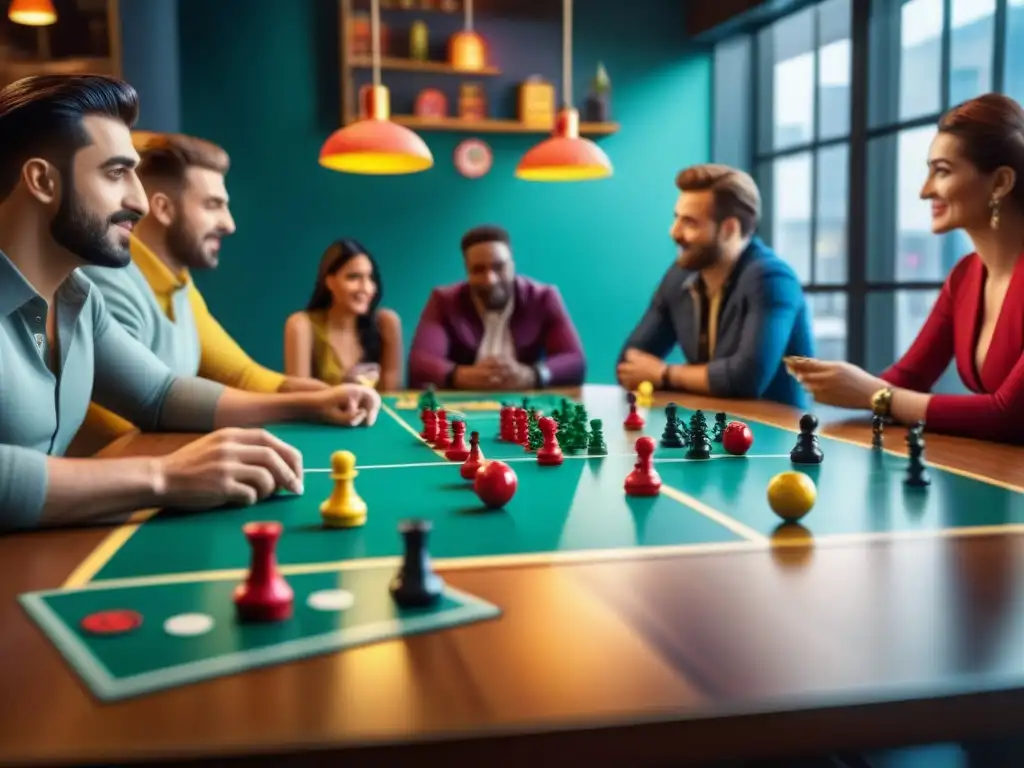 Diversidad y conexión en un café de juegos de mesa, con gente de todas las edades y orígenes disfrutando de partidas estratégicas