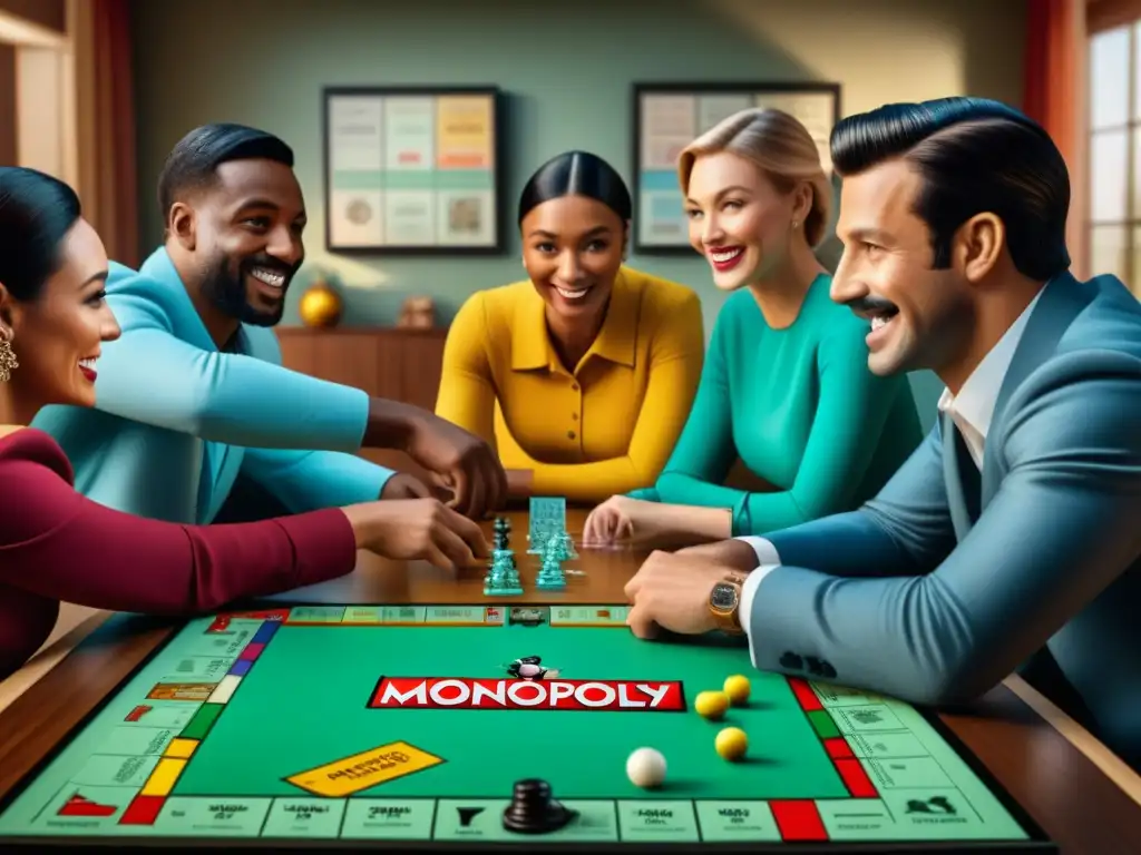 Diversidad y emoción en juego de Monopoly global en sala llena de juegos de mesa: Globalización Monopolio juego mesa