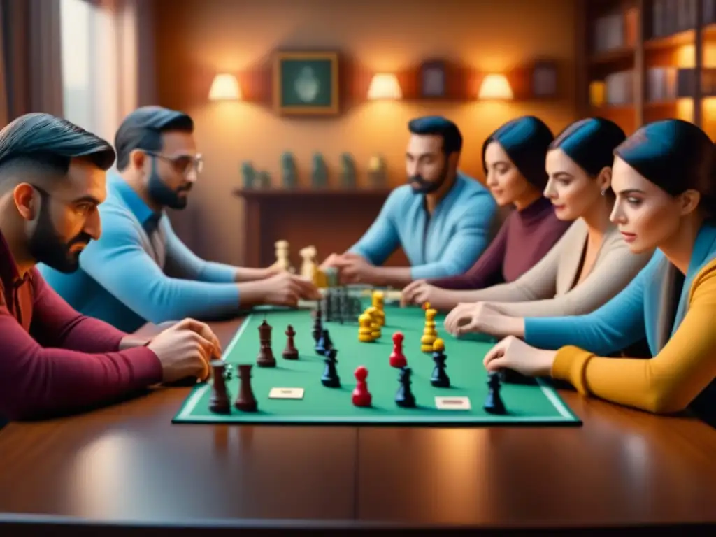 Partida estratégica: Diversión y concentración en juego de mesa Diversidad en un juego de estrategia en mesa, construyendo comunidad con pasión y concentración