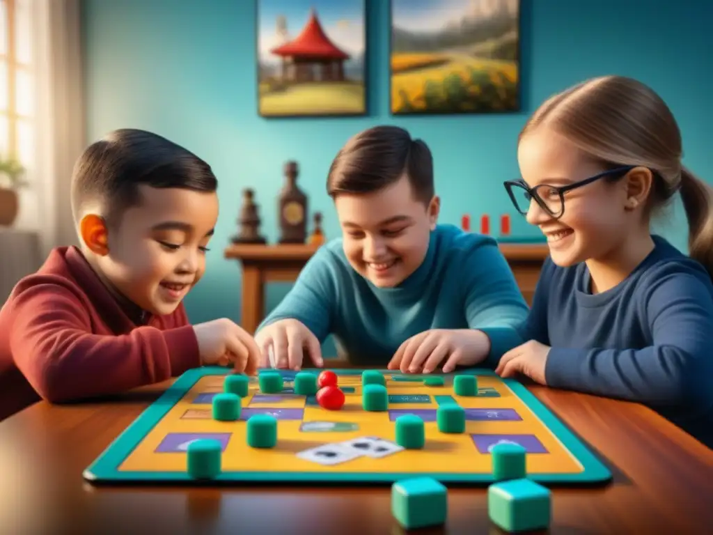 Diversidad y juego inclusivo: niños disfrutan de juegos de mesa, promoviendo habilidades motoras y sociales