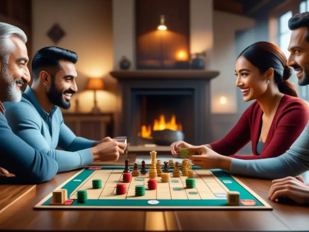 Diversidad de jugadores disfrutando de un juego de mesa en una sala acogedora