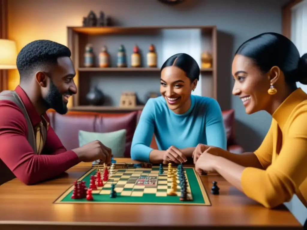 Diversidad en juegos de mesa: Personas de distintas edades, géneros y etnias disfrutan juntas en una sala acogedora