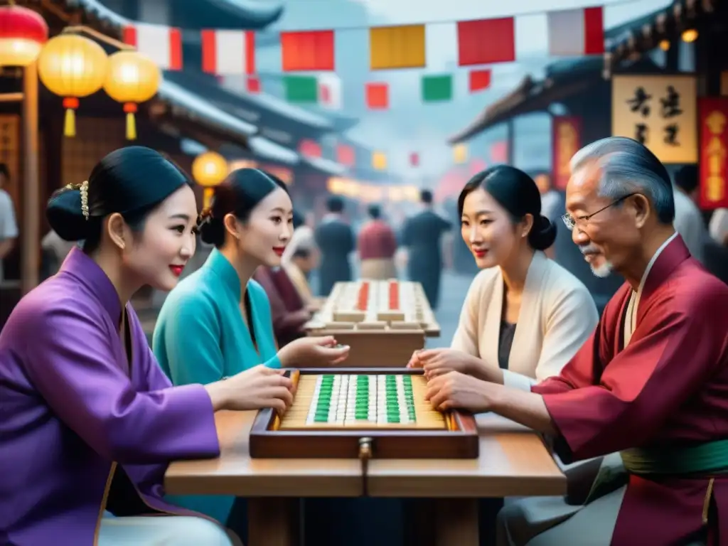 Diversidad en juegos de mesa en Asia: Comunidad jugando Go, Mahjong y Shogi en mercado callejero vibrante