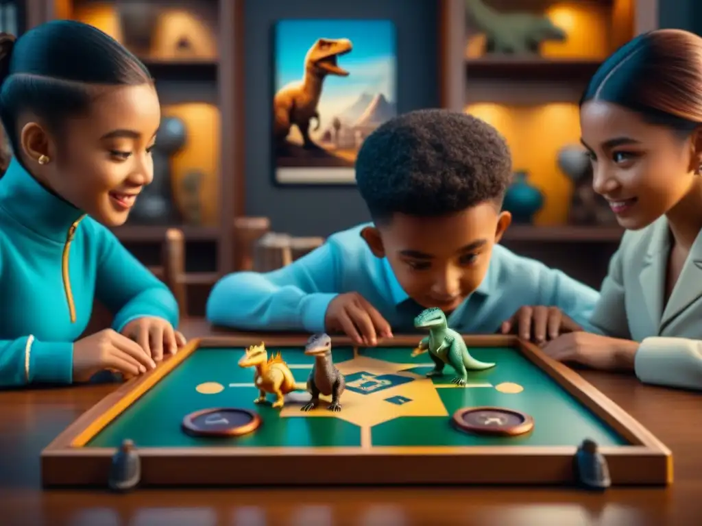 Diversión multicultural en juego de mesa 'Dino Race' con niños entusiasmados rodeados de libros educativos sobre dinosaurios