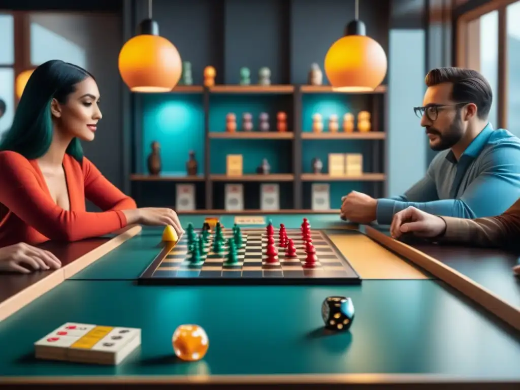 Un diverso grupo disfruta con estrategias en juegos de mesa rentables digitales en un café lúdico moderno