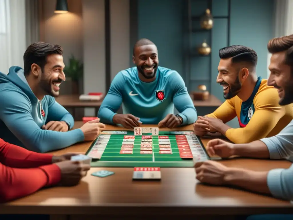 Una divertida colaboración entre UNO, la liga de fútbol y los juegos de mesa, con amigos disfrutando de una partida de UNO