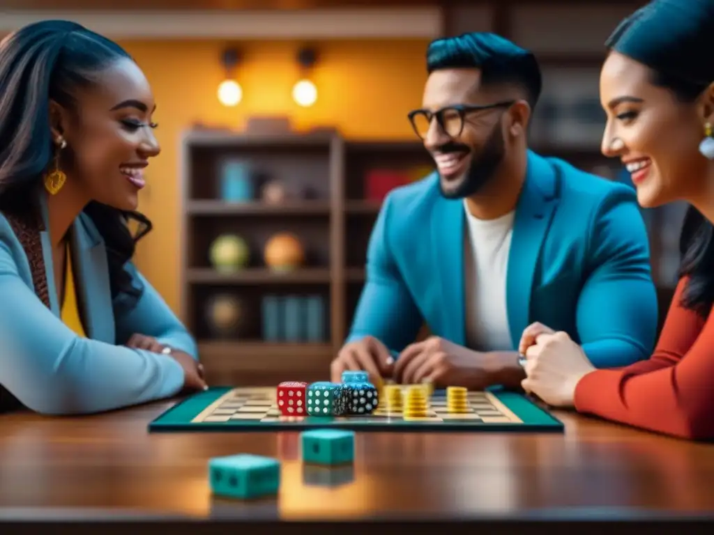 Una divertida reunión de amigos con juegos de mesa, dados y fichas coloridas