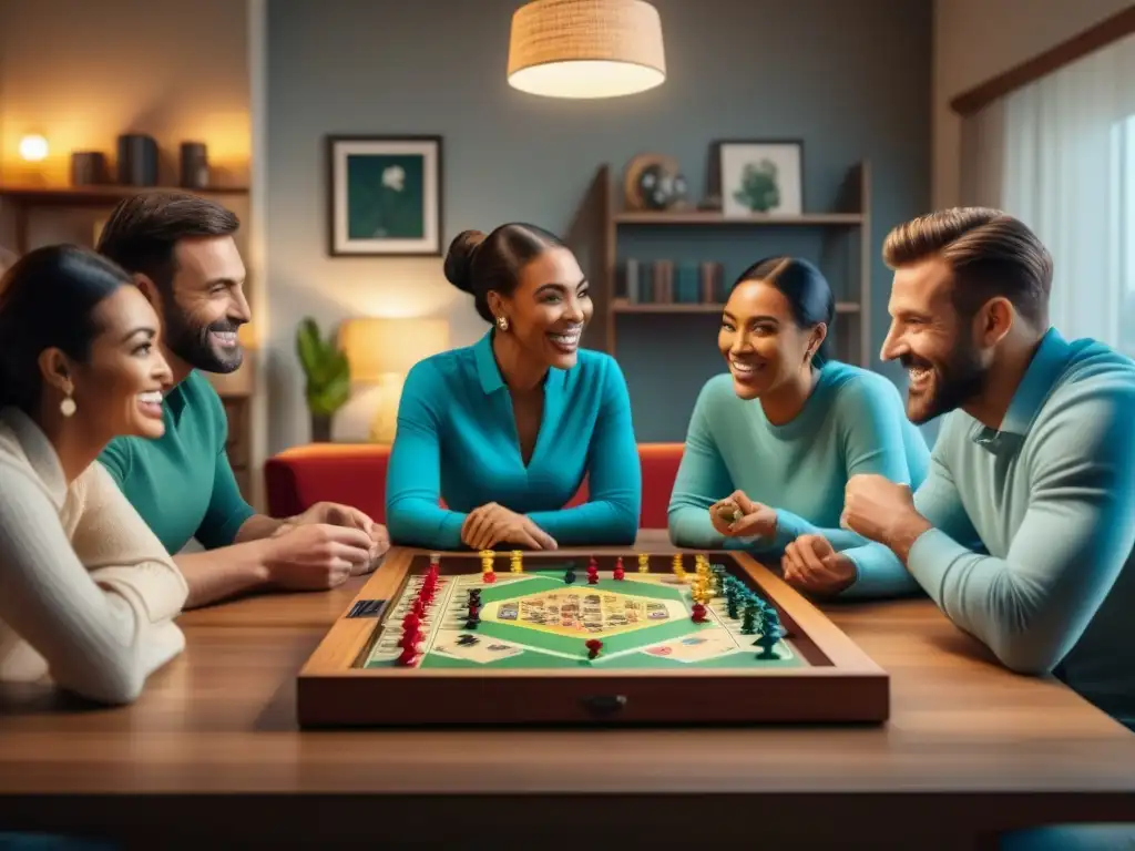 Una divertida tarde de juegos de mesa familiar en un acogedor salón, con personas de distintas edades y fondos