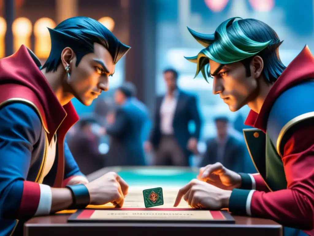 Duelistas de YuGiOh concentrados en estrategias avanzadas en torneo