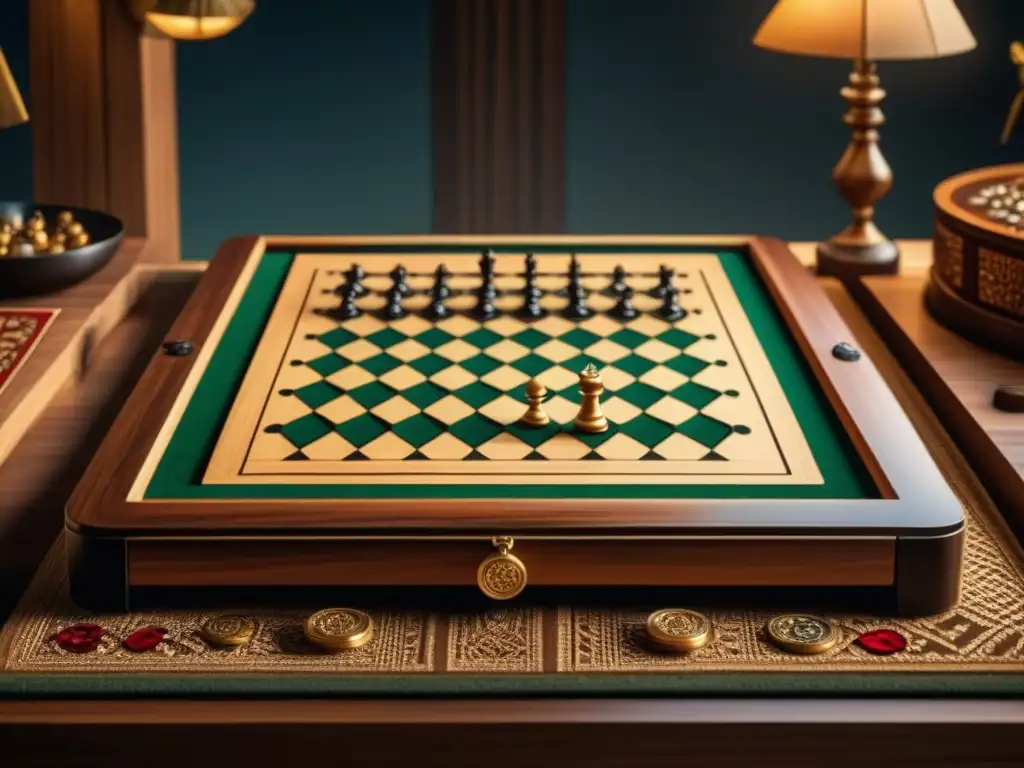 Un duelo estratégico entre Carrom y ajedrez en elegantes mesas de madera bajo suave luz