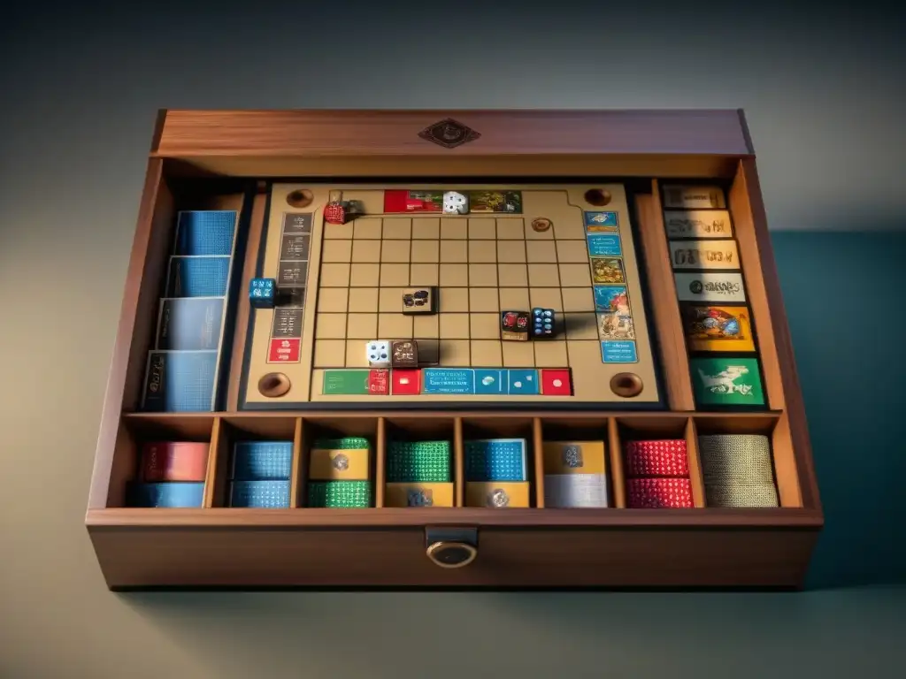 Un elegante almacenamiento de juegos de mesa con compartimentos organizados para cartas, dados y miniaturas, en madera de alta calidad y acabado suave