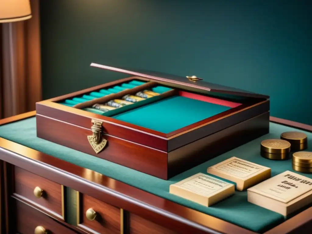 Un elegante mueble de almacenamiento de juegos de mesa en madera de caoba, con juegos organizados y detalles lujosos