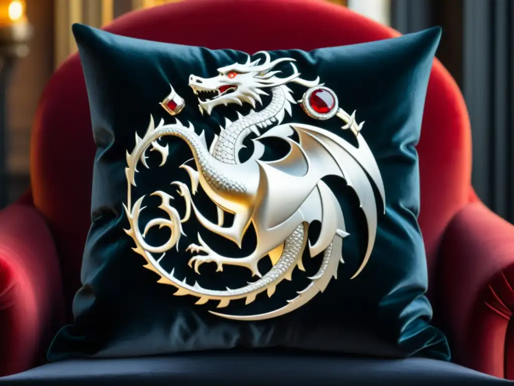 Emblema Targaryen de plata y rubíes sobre cojín de terciopelo negro