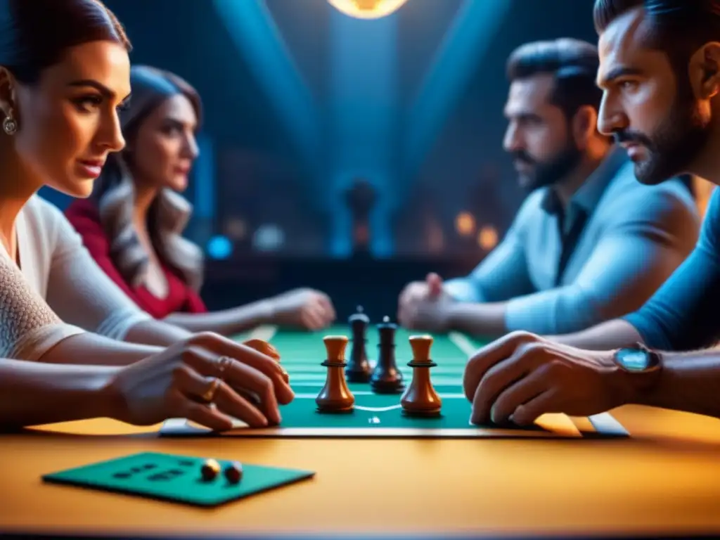 La emoción de las decisiones en juegos de mesa, jugadores concentrados y emocionados rodeando una mesa con componentes de juegos