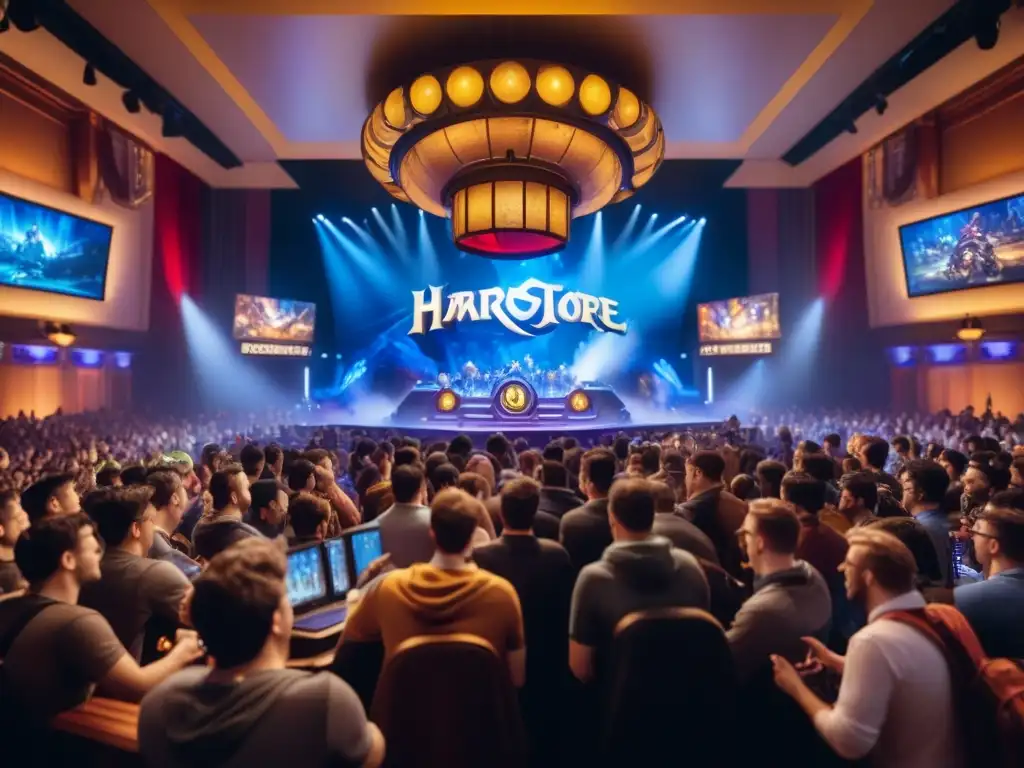 Emocionante campeonato de Hearthstone: jugadores concentrados con cartas digitales, público animado y luces LED vibrantes