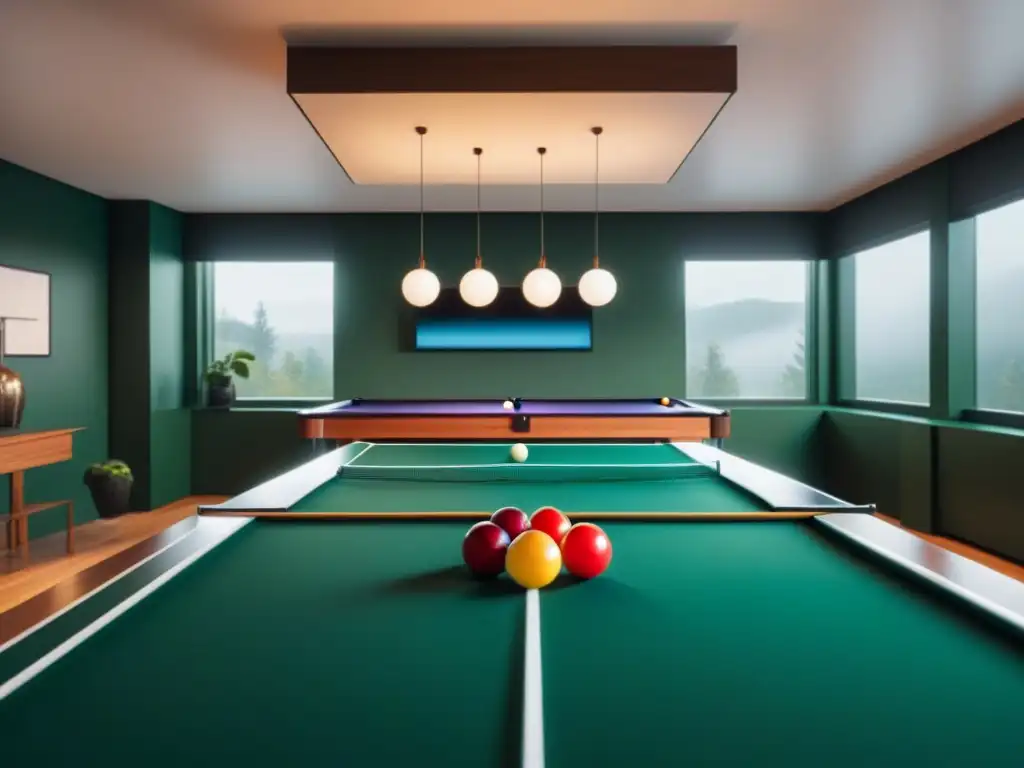 Emocionante contraste entre mesas de billar y ping pong en elegante sala de juegos moderna