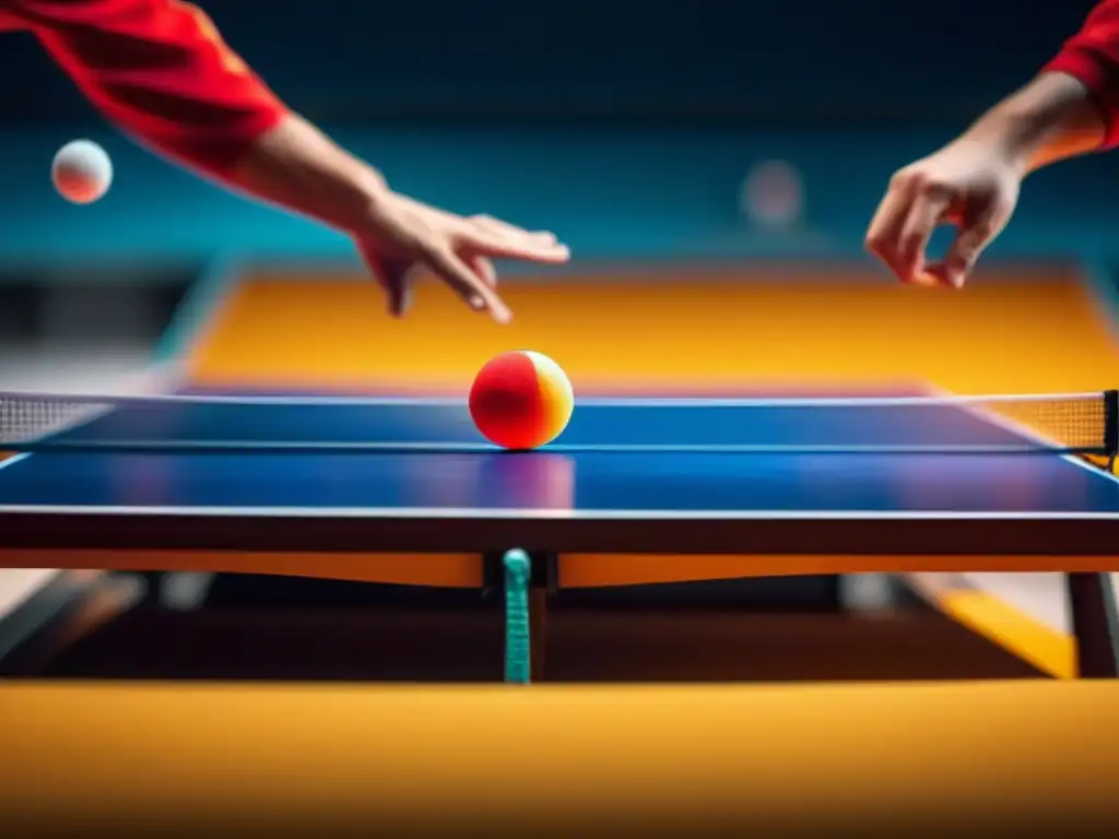 Un emocionante duelo de ping pong en mesas de billar vs ping pong, con jugadores concentrados y el movimiento rápido de la pelota en el aire