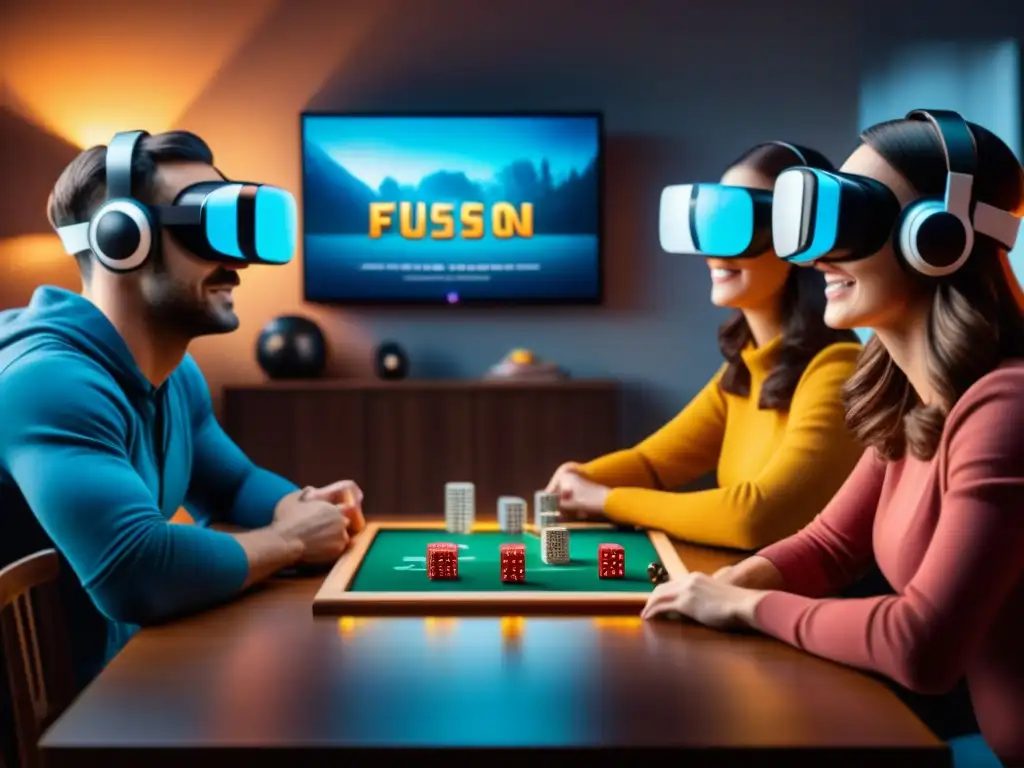 Un emocionante encuentro de amigos disfrutando de juegos de mesa realidad virtual en una habitación iluminada por la luz de los dispositivos