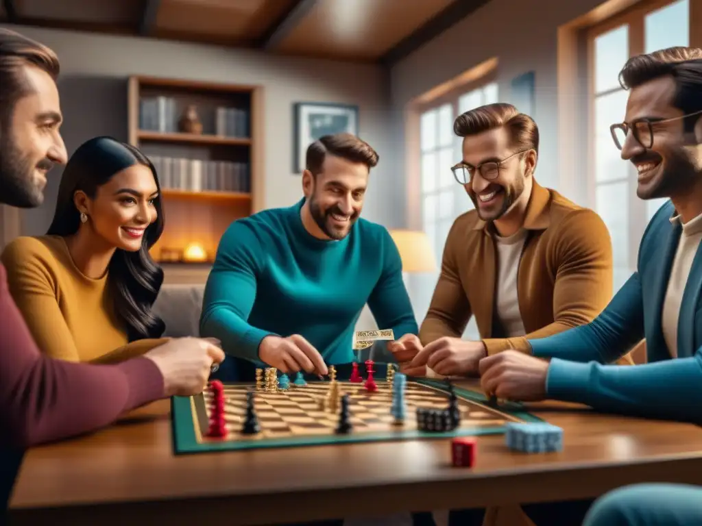 Un emocionante encuentro de amigos disfrutando de juegos de mesa en una acogedora sala iluminada