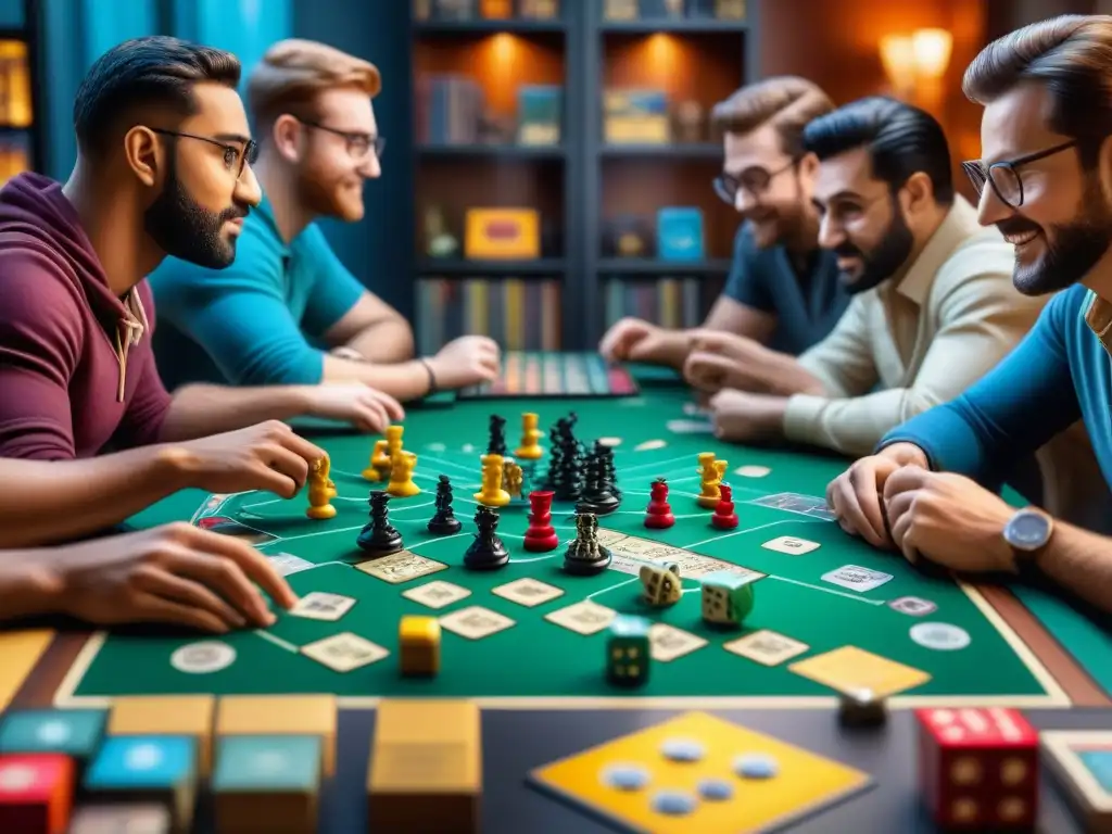 Un emocionante encuentro de entusiastas de juegos de mesa, concentrados y llenos de alegría, rodeados de diversión y camaradería