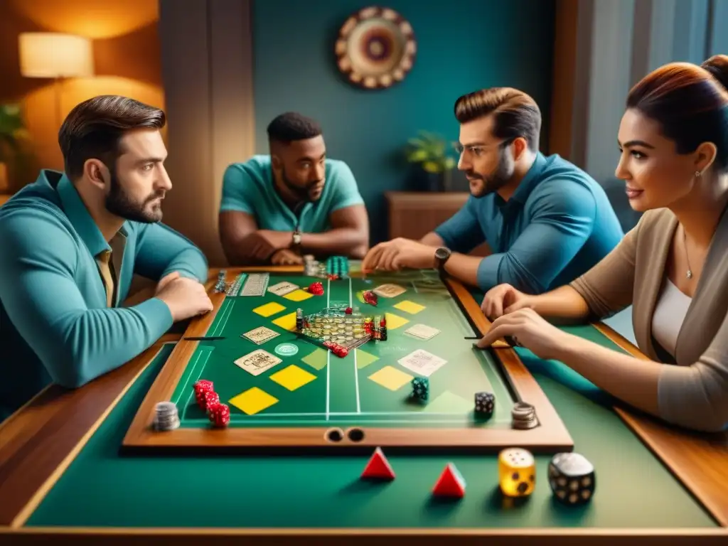 Juego de mesa: Estrategia, emoción y diversión en grupo Un emocionante encuentro alrededor de juegos de mesa, con expresiones de concentración y diversión