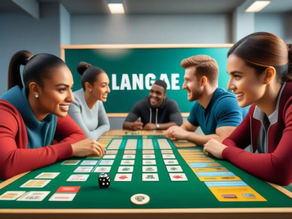 Emocionante escena de estudiantes concentrados en juegos de mesa educativos de idiomas en aula luminosa