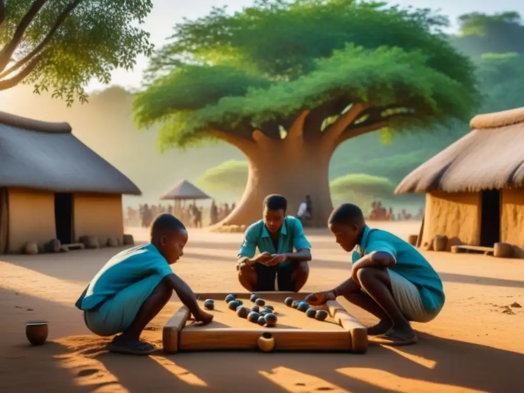 Una emocionante escena de niños jugando Mancala en una aldea africana, bajo la sombra de un baobab