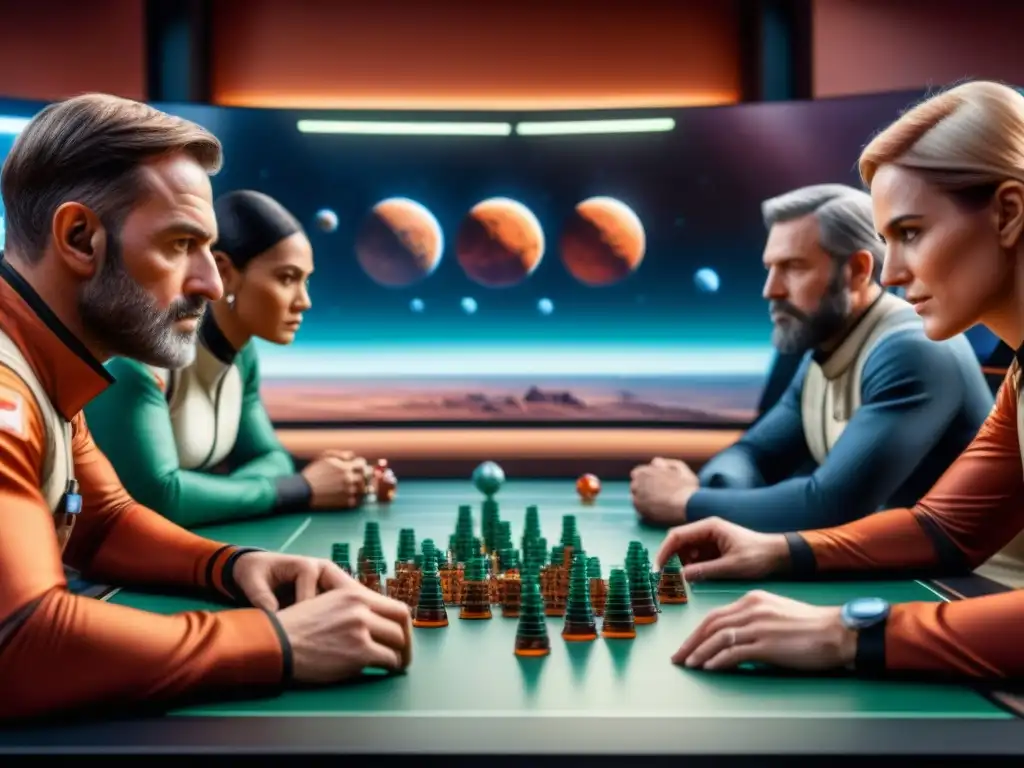 Un emocionante grupo de fanáticos de Terraforming Mars inmersos en estrategias y camaradería, rodeados de coloridos accesorios del juego