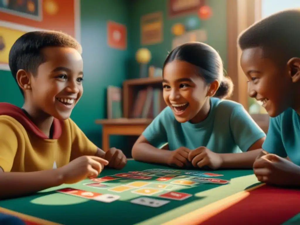 Un emocionante grupo de niños juega 'Uno' en un aula soleada y colorida