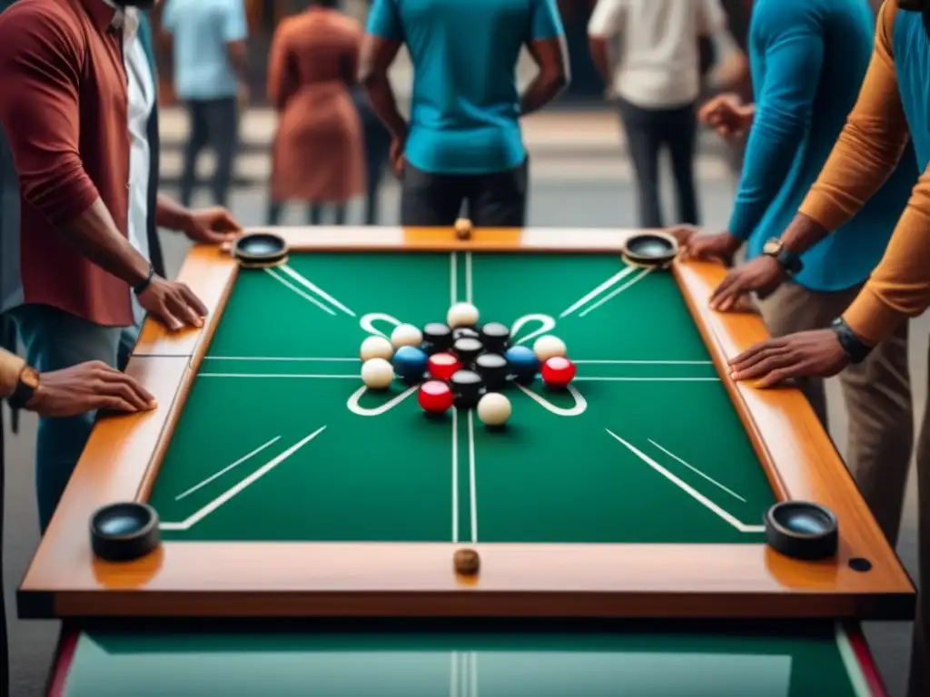 Partida intensa de Carrom: diversidad cultural en la ciudad Un emocionante juego de Carrom en un ambiente multicultural reflejando el auge mundial del Carrom