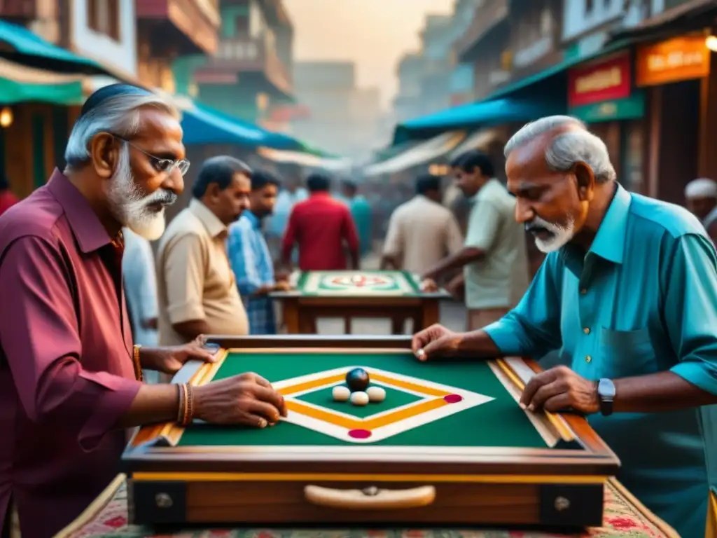 Un emocionante juego de Carrom en una bulliciosa plaza de Delhi