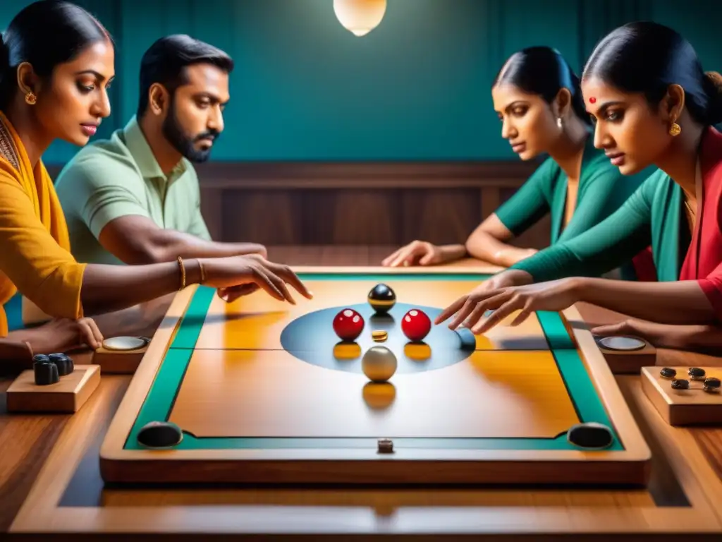 Intensa partida de Carrom: diversidad y estrategia en acción Un emocionante juego de Carrom reúne a jugadores diversos en una intensa competencia